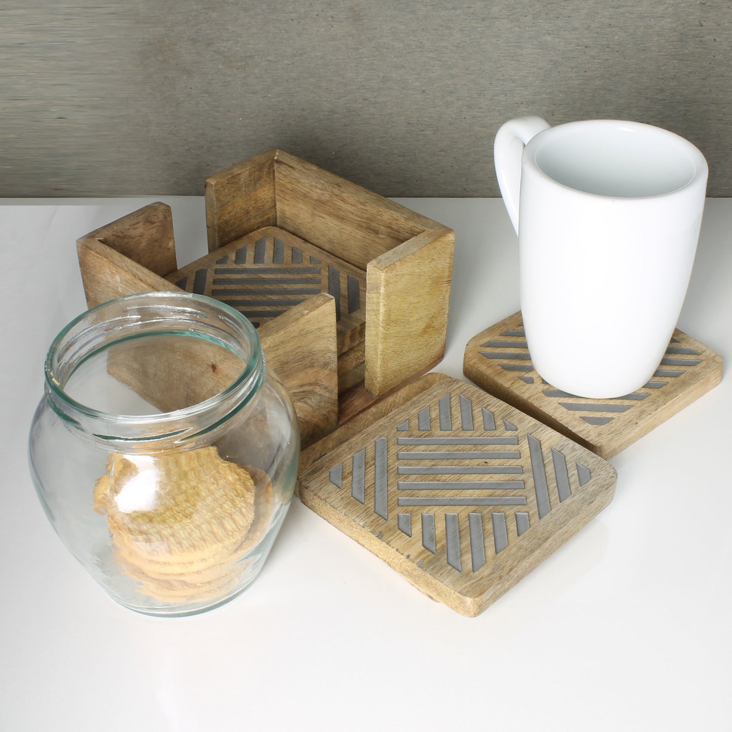 SAVON Wooden Coaster Set of 6 With Holder Square Geometric Lines Gray For Drinks Office Desk