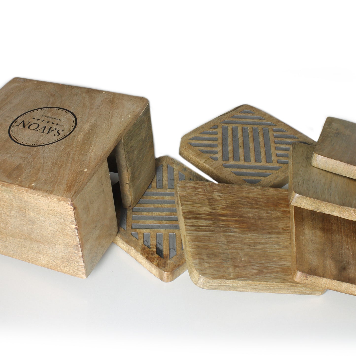 SAVON Wooden Coaster Set of 6 With Holder Square Geometric Lines Gray For Drinks Office Desk