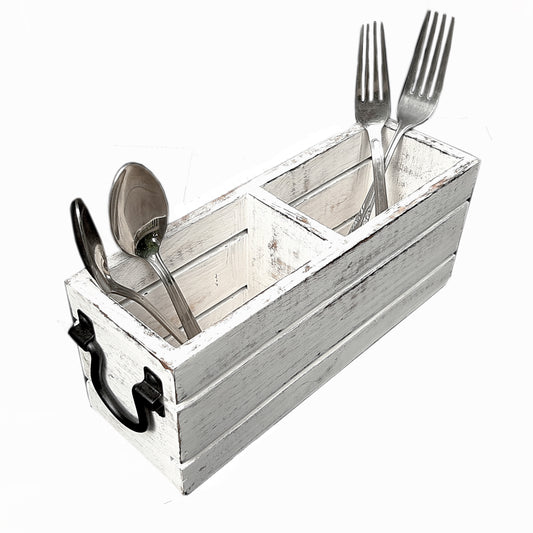White Silverware Holder Caddy Wood (2 compartments)