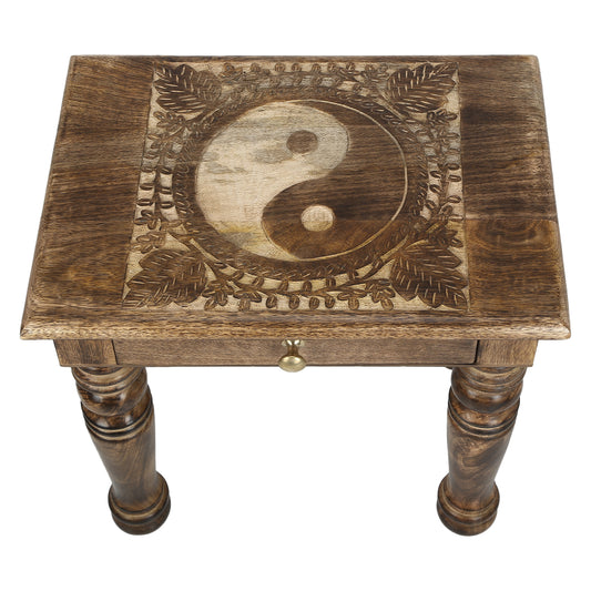 Wooden Side end Table Square Yin Yang Carved