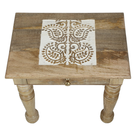Wooden Side end Table Square White Paisely Carved