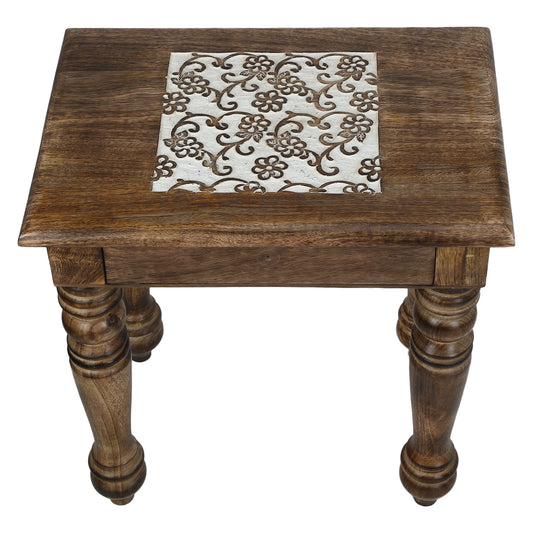 Wooden Side end Table Square White Flowers Carved