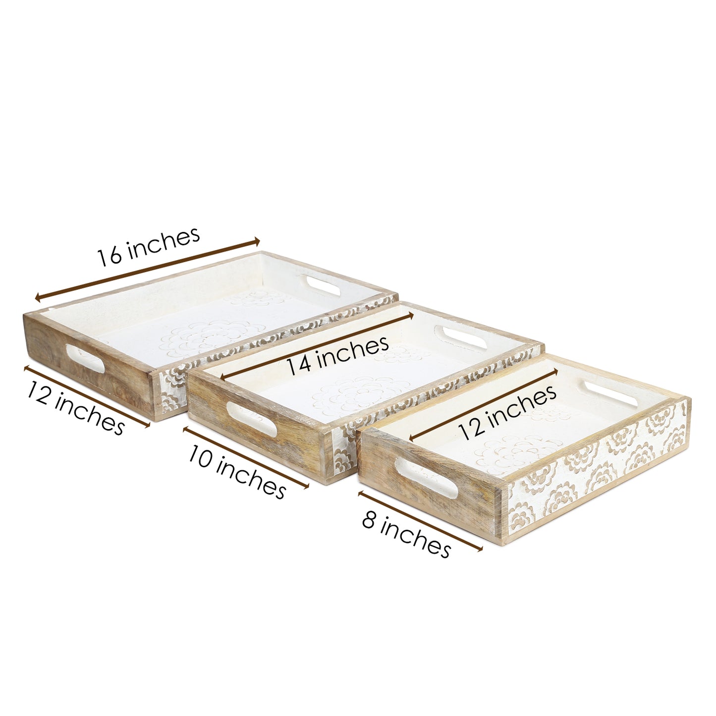 Rustic Wood Tray set of 3 torched nesting hand carved set white flowers wooden