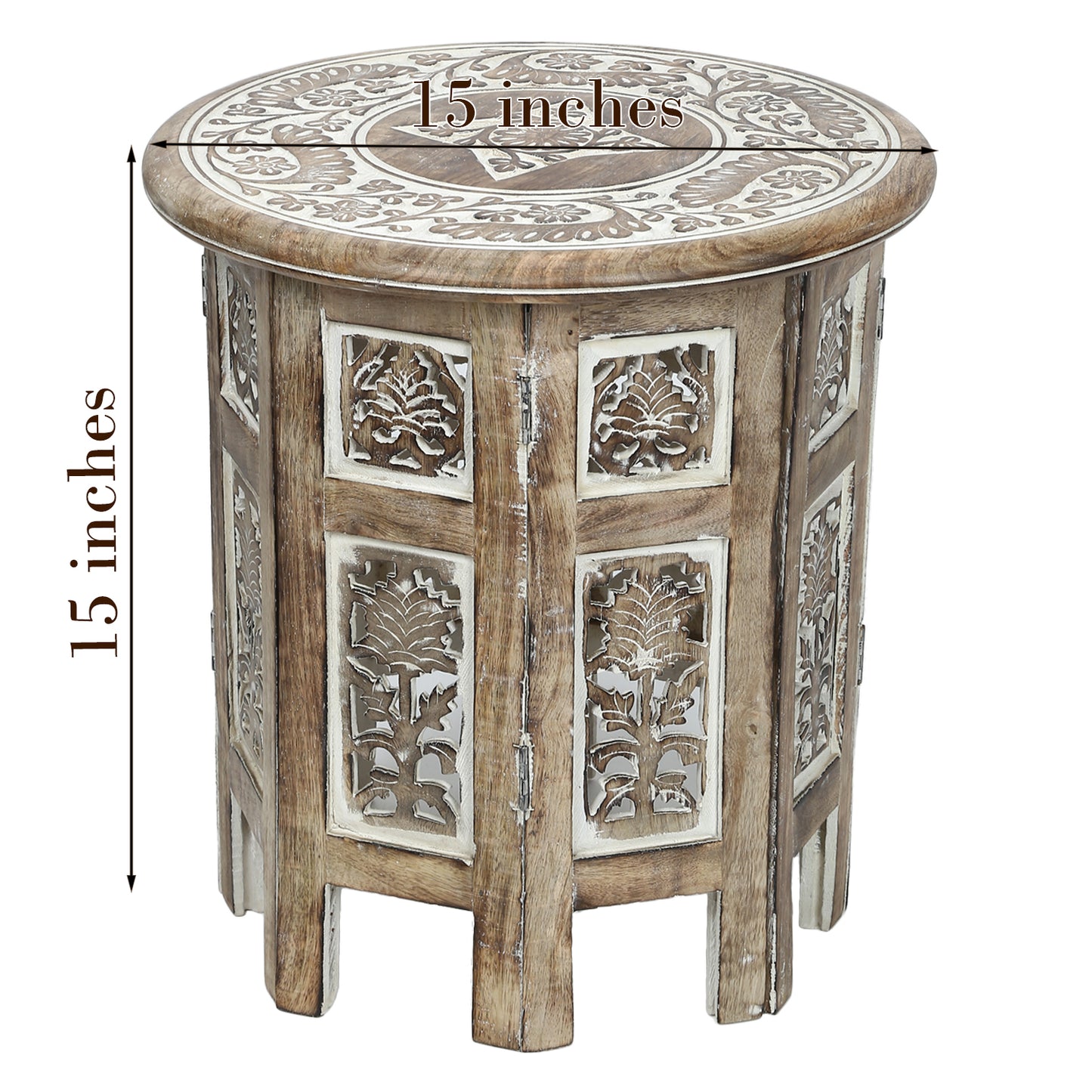 Rustic Wood Table Round White Side end Carved Indian Coffee Accent