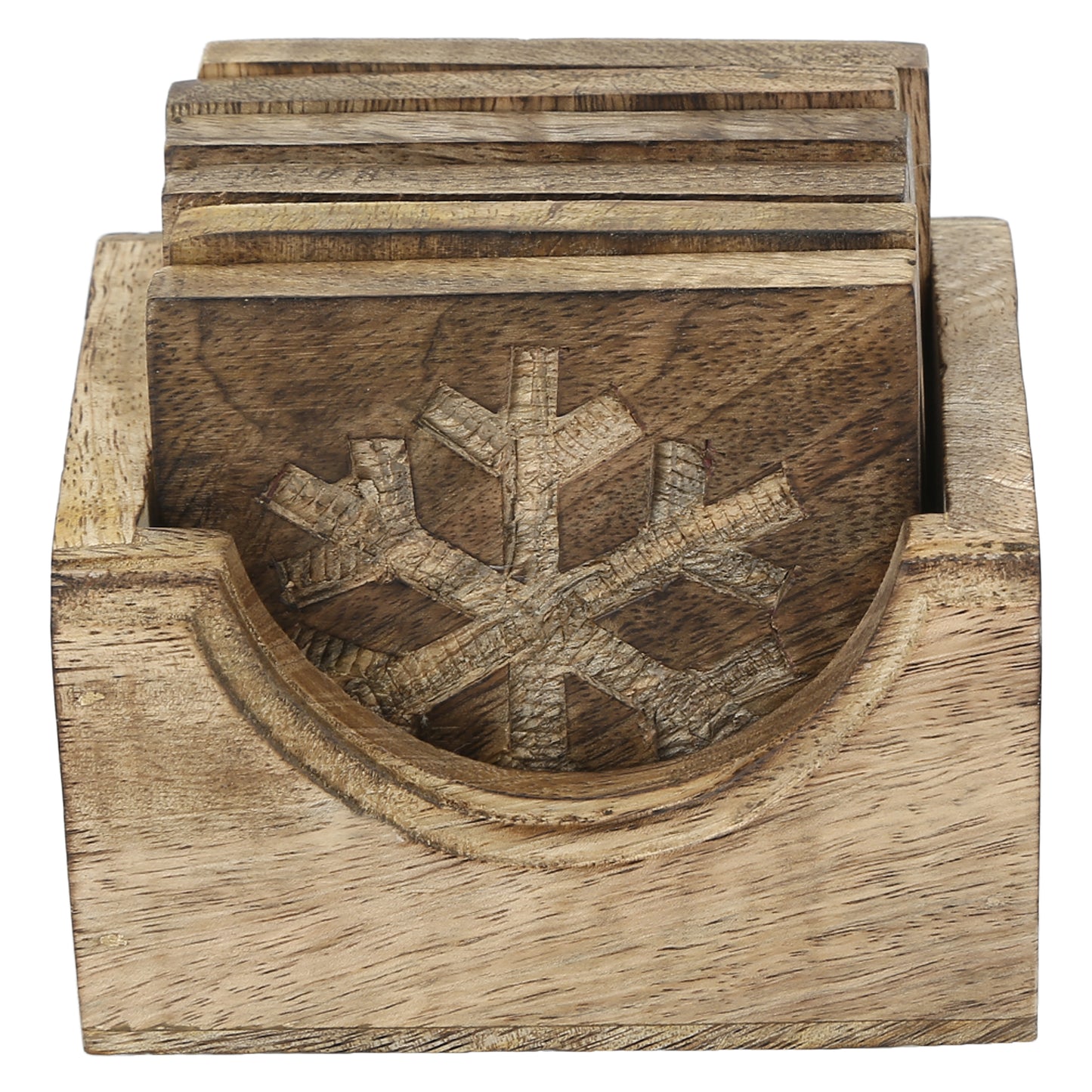 Wooden Square Coaster Snowflake set of 6 with stand rustic