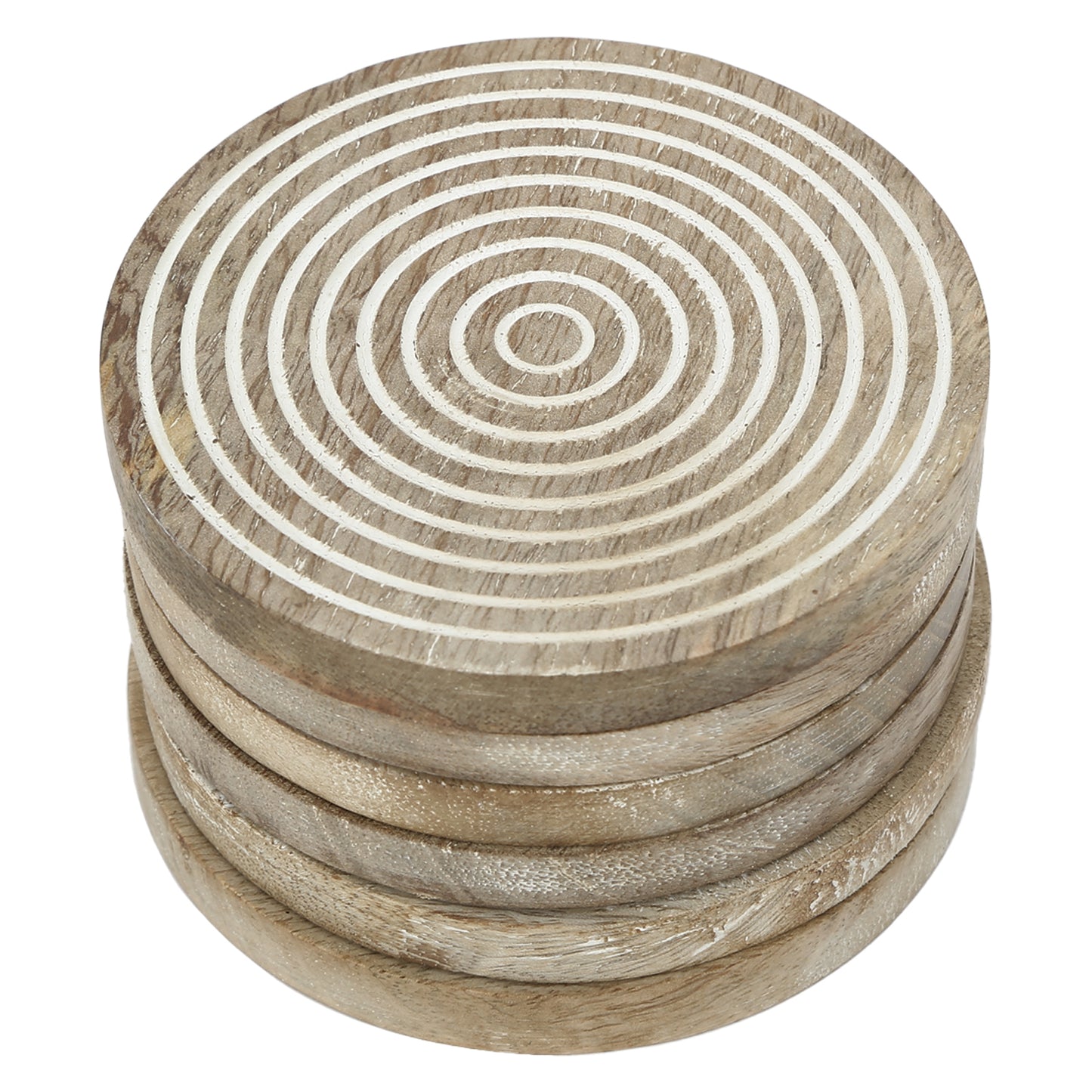 Round Wooden White Coaster set of 6 with stand rustic