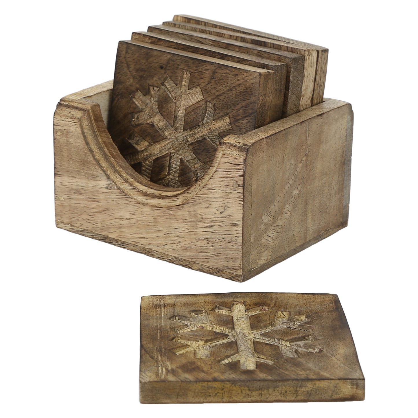 Wooden Square Coaster Snowflake set of 6 with stand rustic