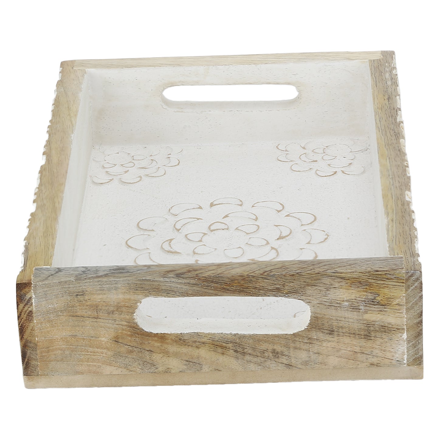 Rustic Wood Tray set of 3 torched nesting hand carved set white flowers wooden
