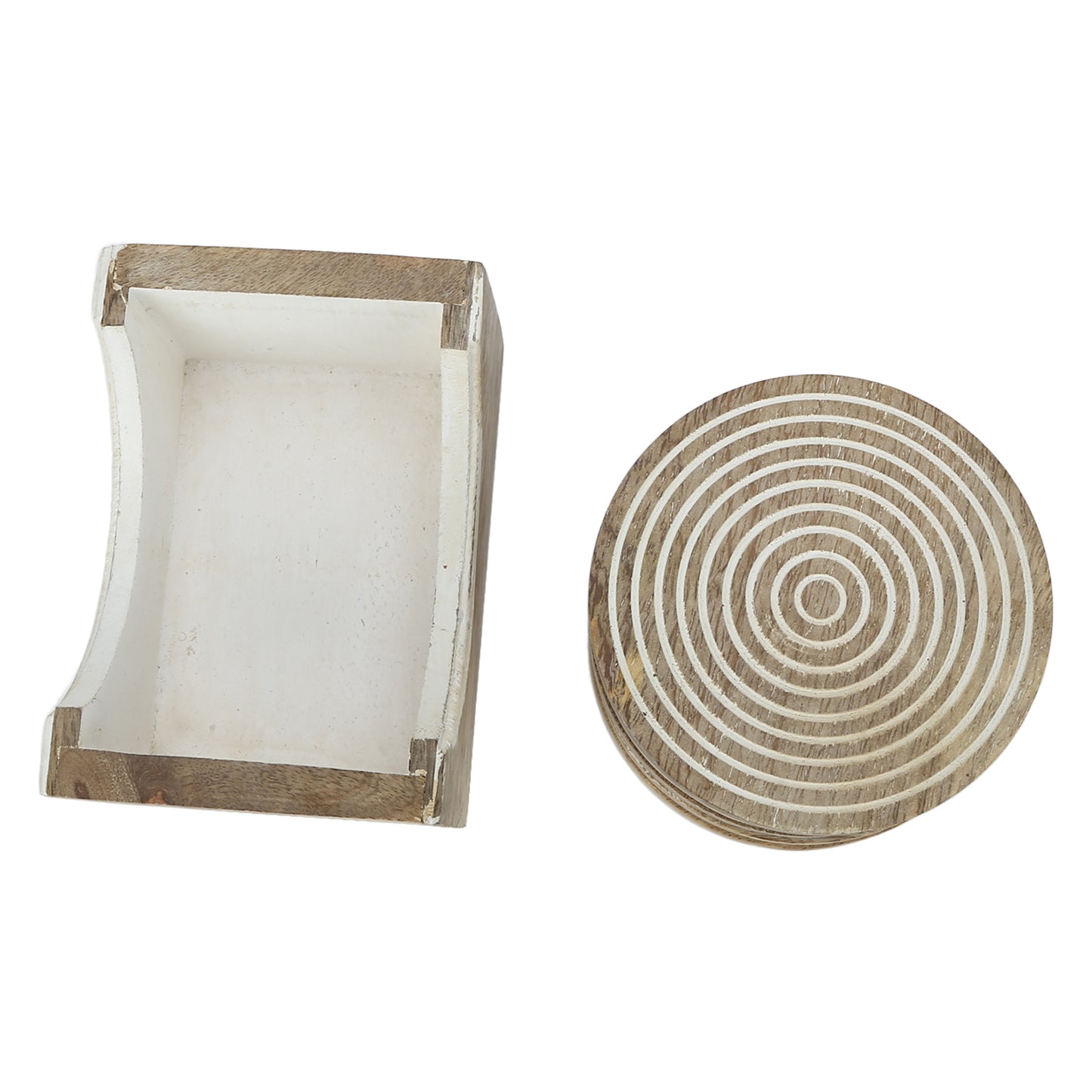 Round Wooden White Coaster set of 6 with stand rustic