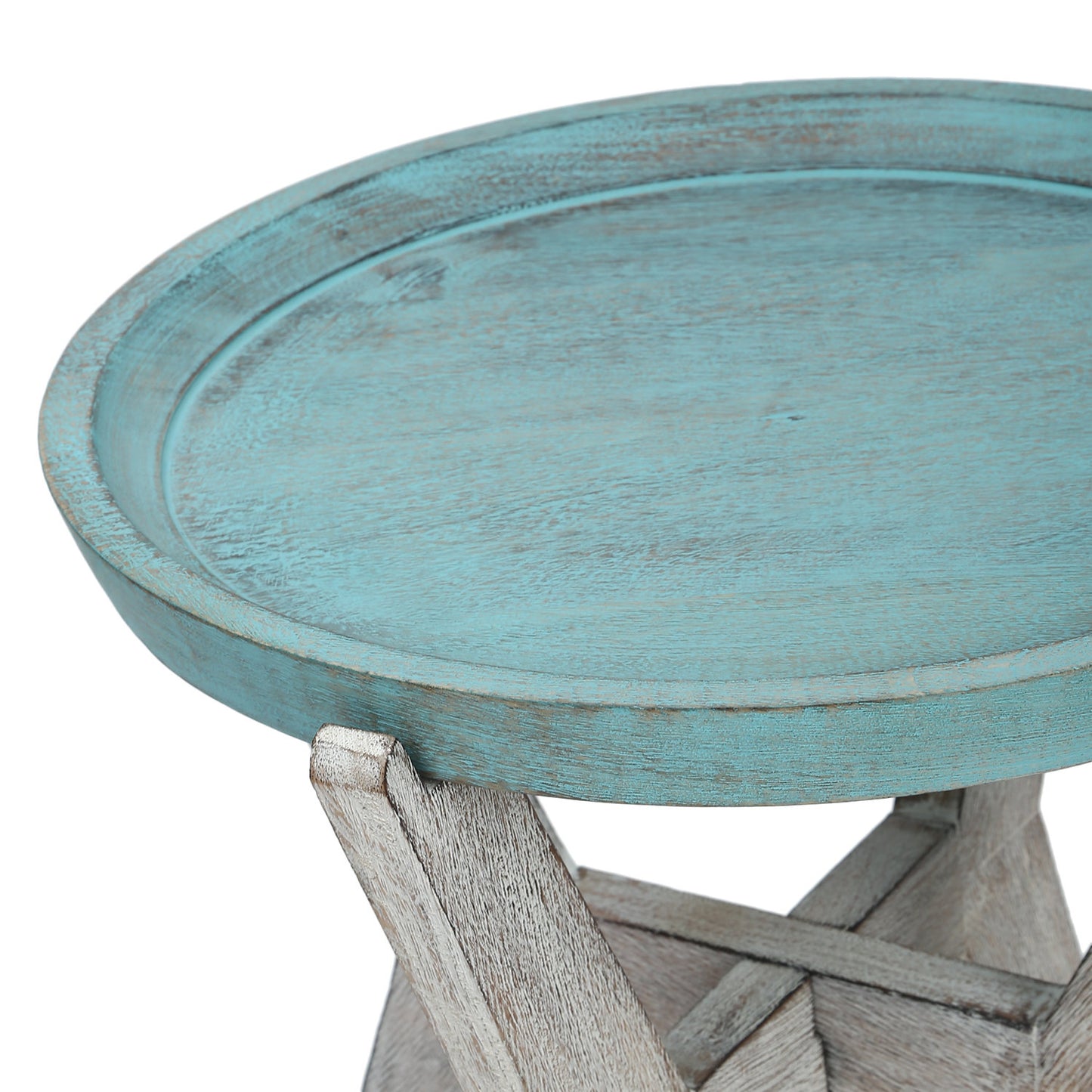Serving Table Wood Side end Round Blue Rustic Wooden Tray Collapsible Distressed