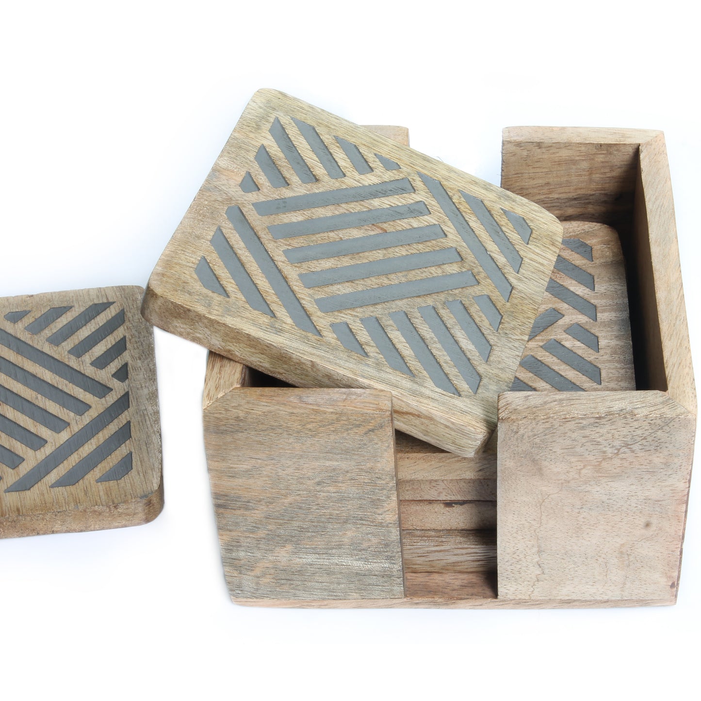 SAVON Wooden Coaster Set of 6 With Holder Square Geometric Lines Gray For Drinks Office Desk