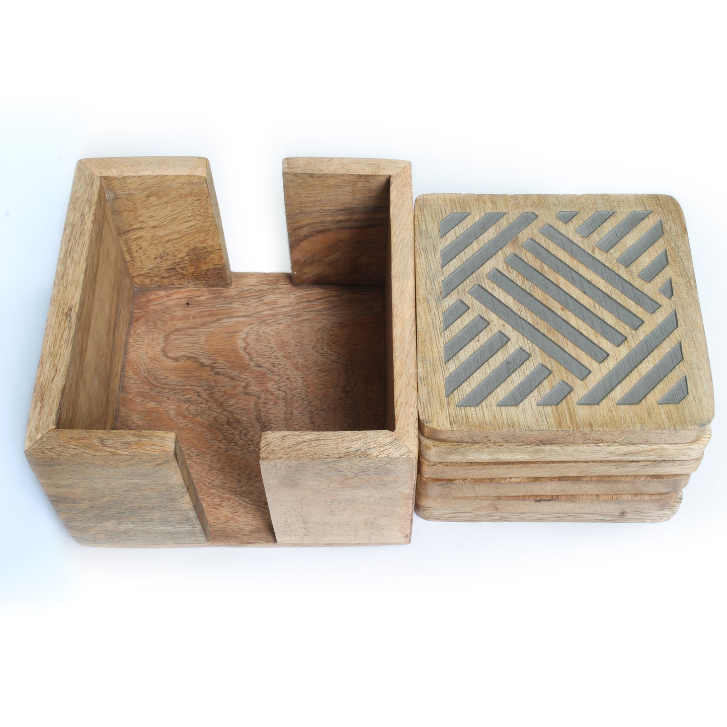 SAVON Wooden Coaster Set of 6 With Holder Square Geometric Lines Gray For Drinks Office Desk