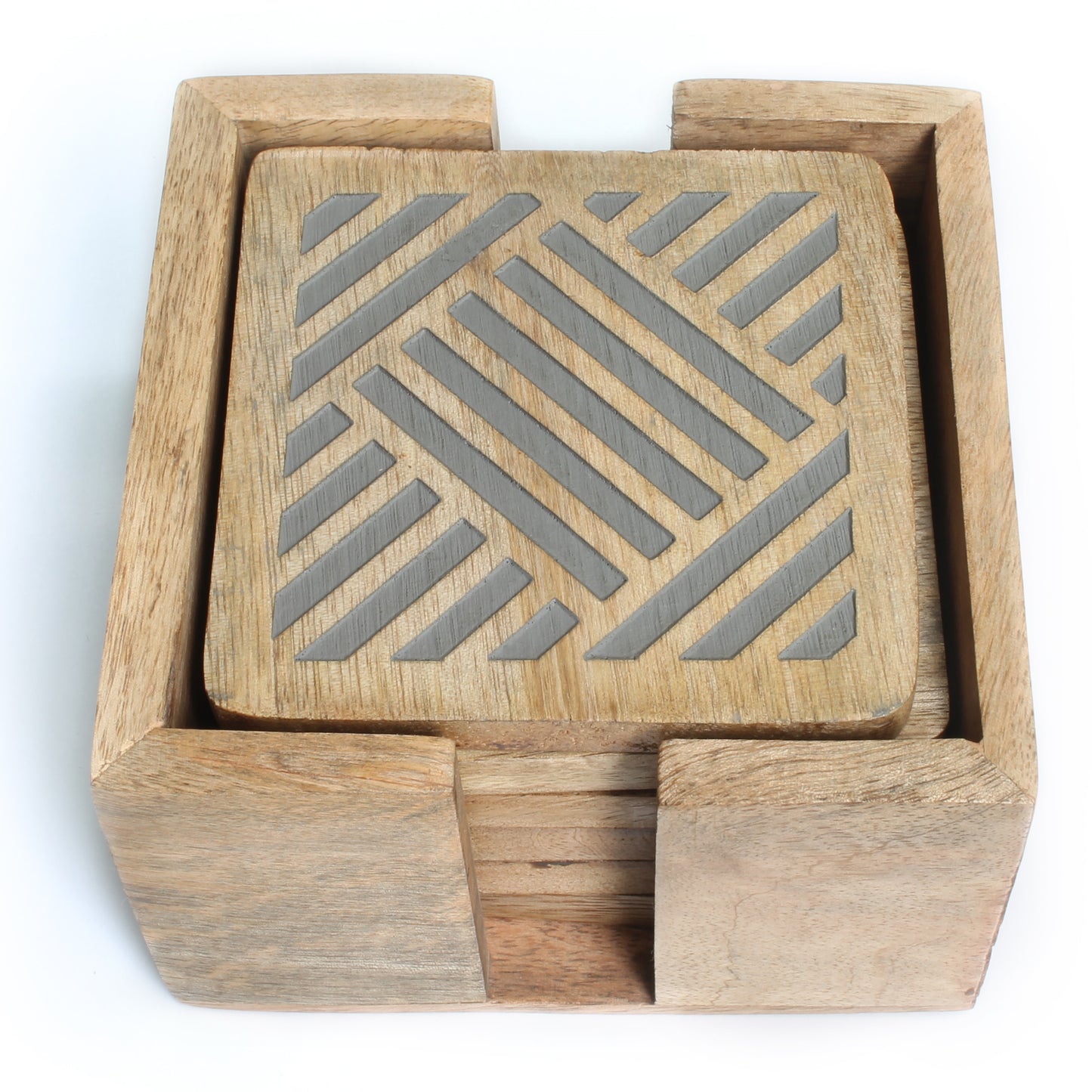 SAVON Wooden Coaster Set of 6 With Holder Square Geometric Lines Gray For Drinks Office Desk