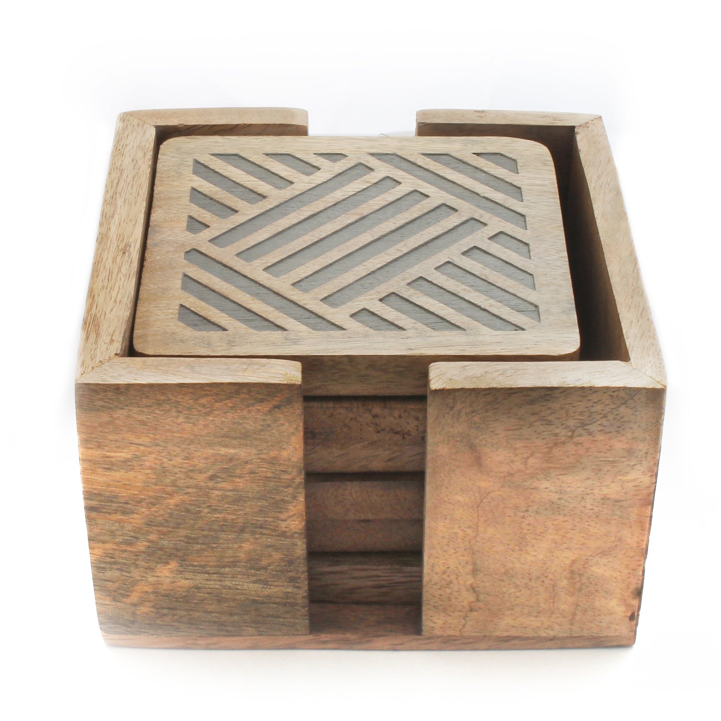 SAVON Wooden Coaster Set of 6 With Holder Square Geometric Lines Gray For Drinks Office Desk