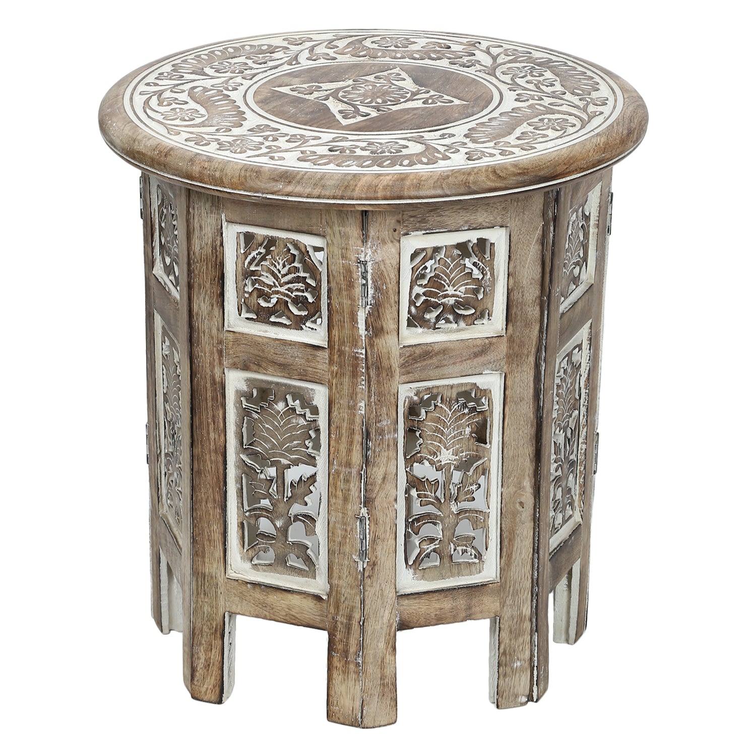 Rustic Wood Table Round White Side end Carved Indian Coffee Accent ...