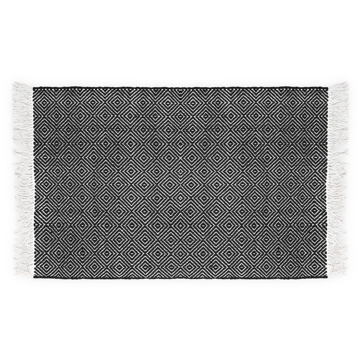 Cotton Area Rug Woven Black White argyle Frills 1188