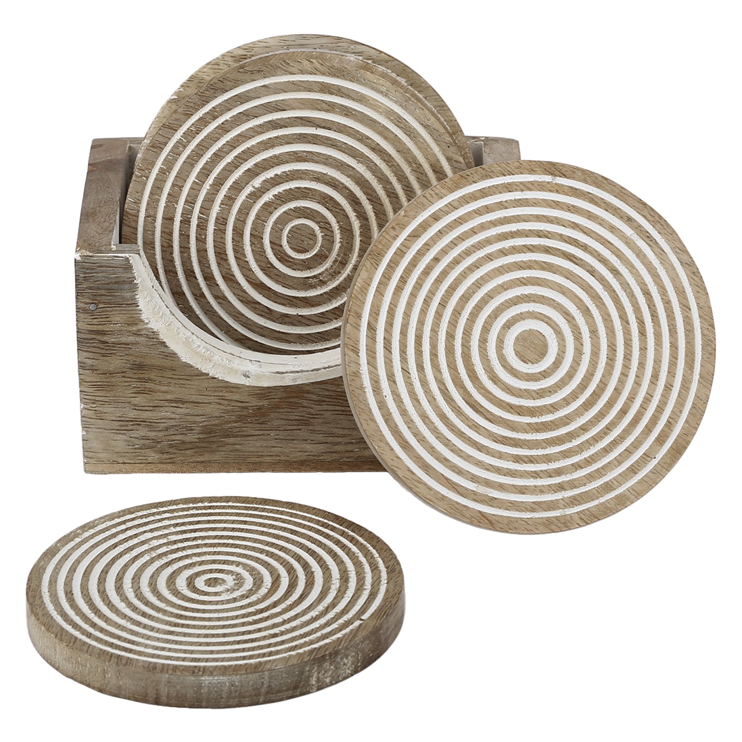 Savon Round Wooden White Coaster Set of 6 with Stand Rustic