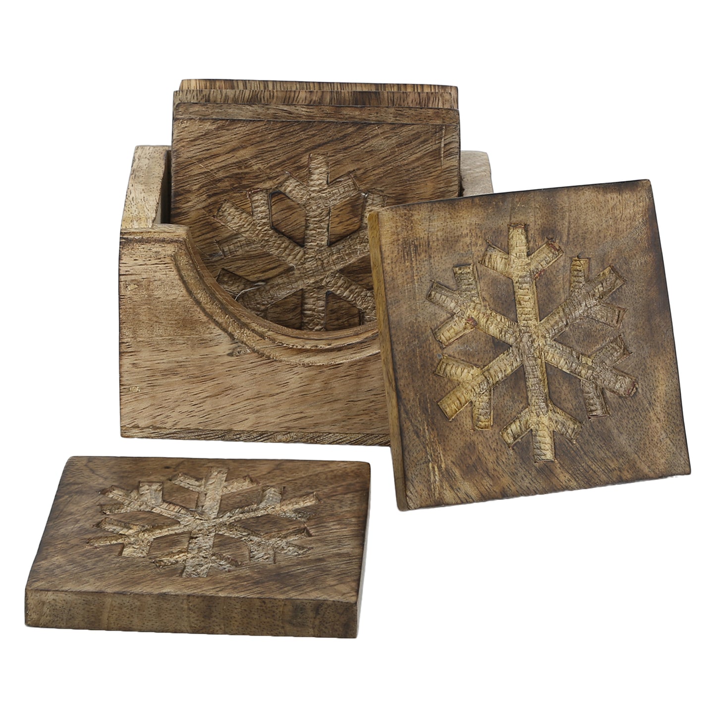 Wooden Square Coaster Snowflake set of 6 with stand rustic