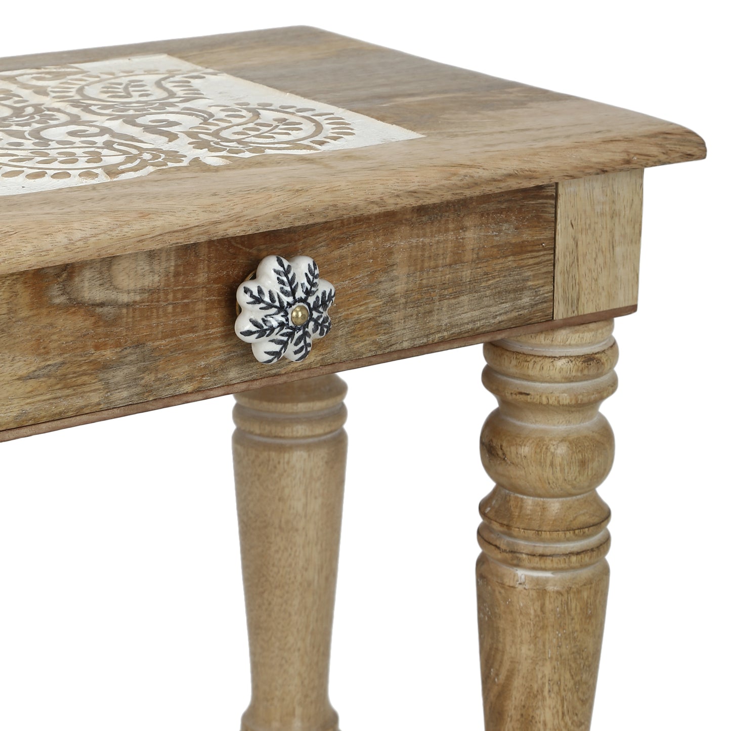 Wooden Side end Table Square White Paisely Carved