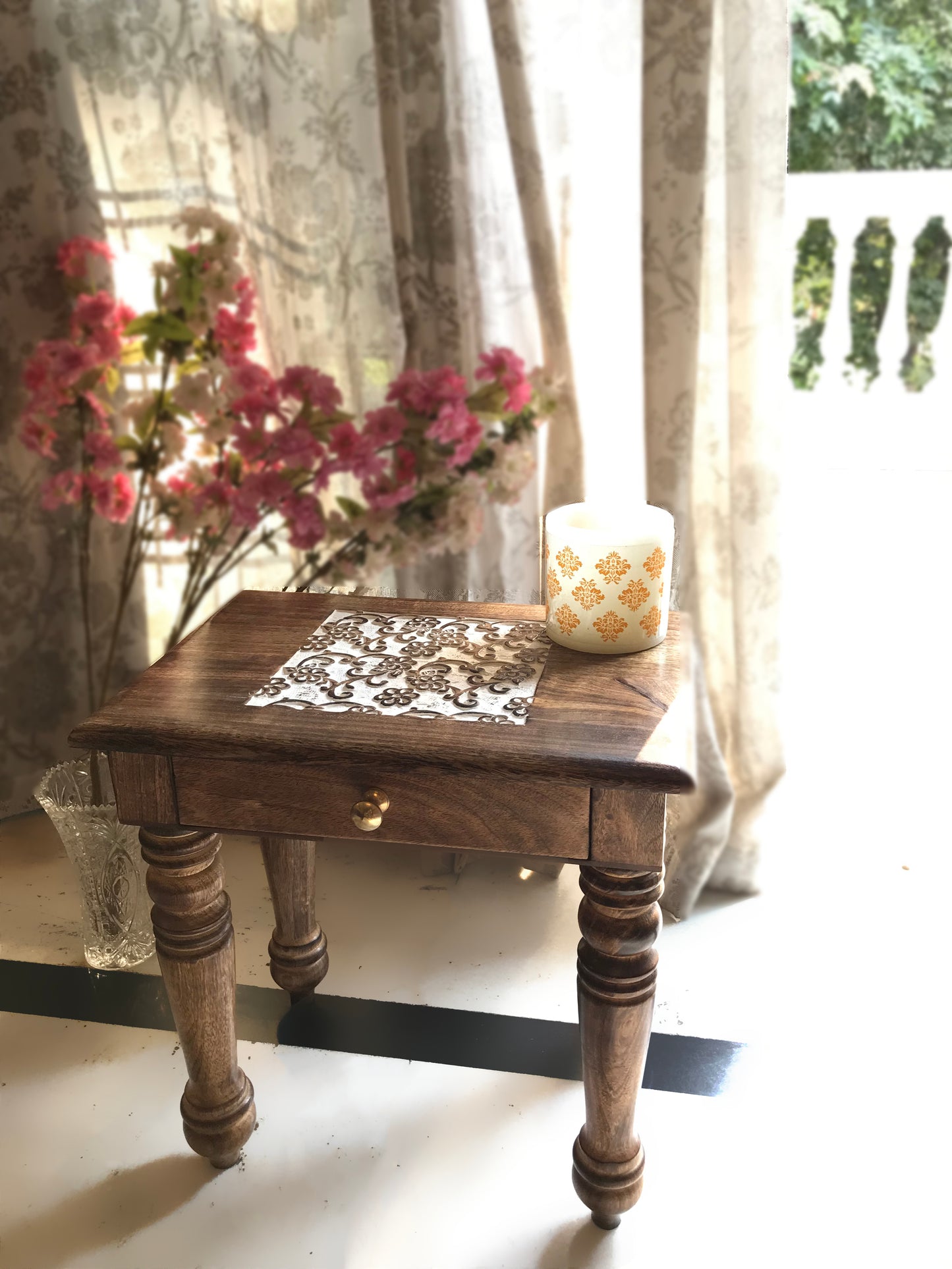 Wooden Side end Table Square White Flowers Carved