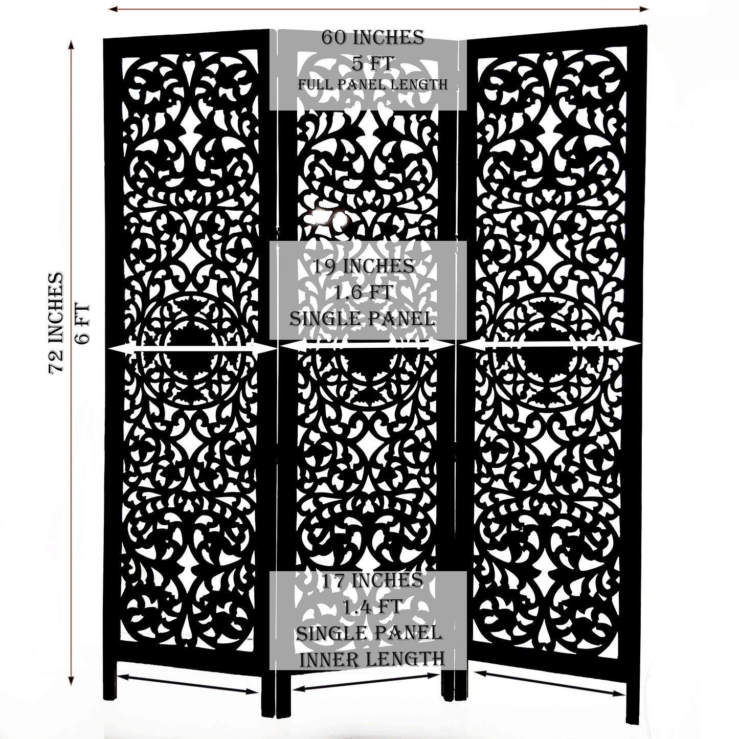 Wooden Room Divider Partition Gray 3 Panels Foldable 6 x 5 Feet