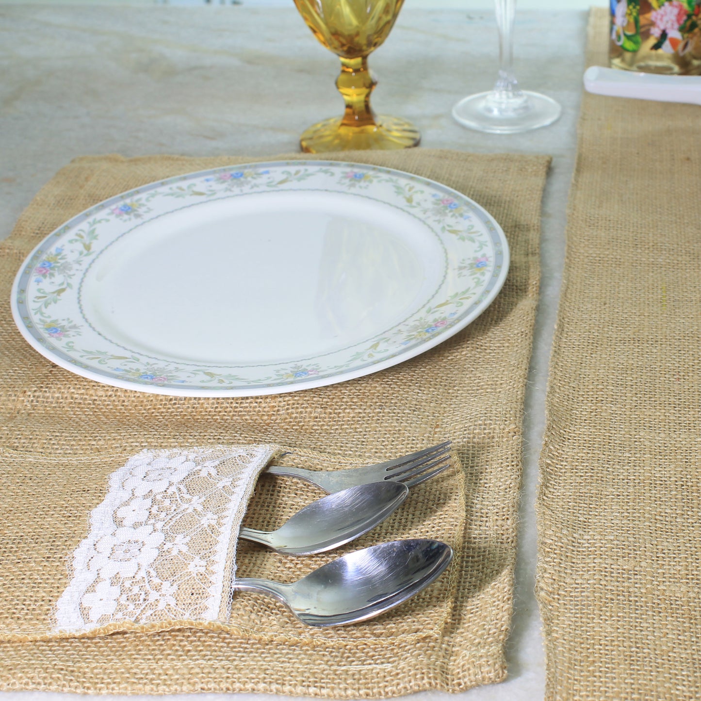 Jute Table Runner with 6 Table Mats 6 Cutlery Holders Rustic 13 Piece Set