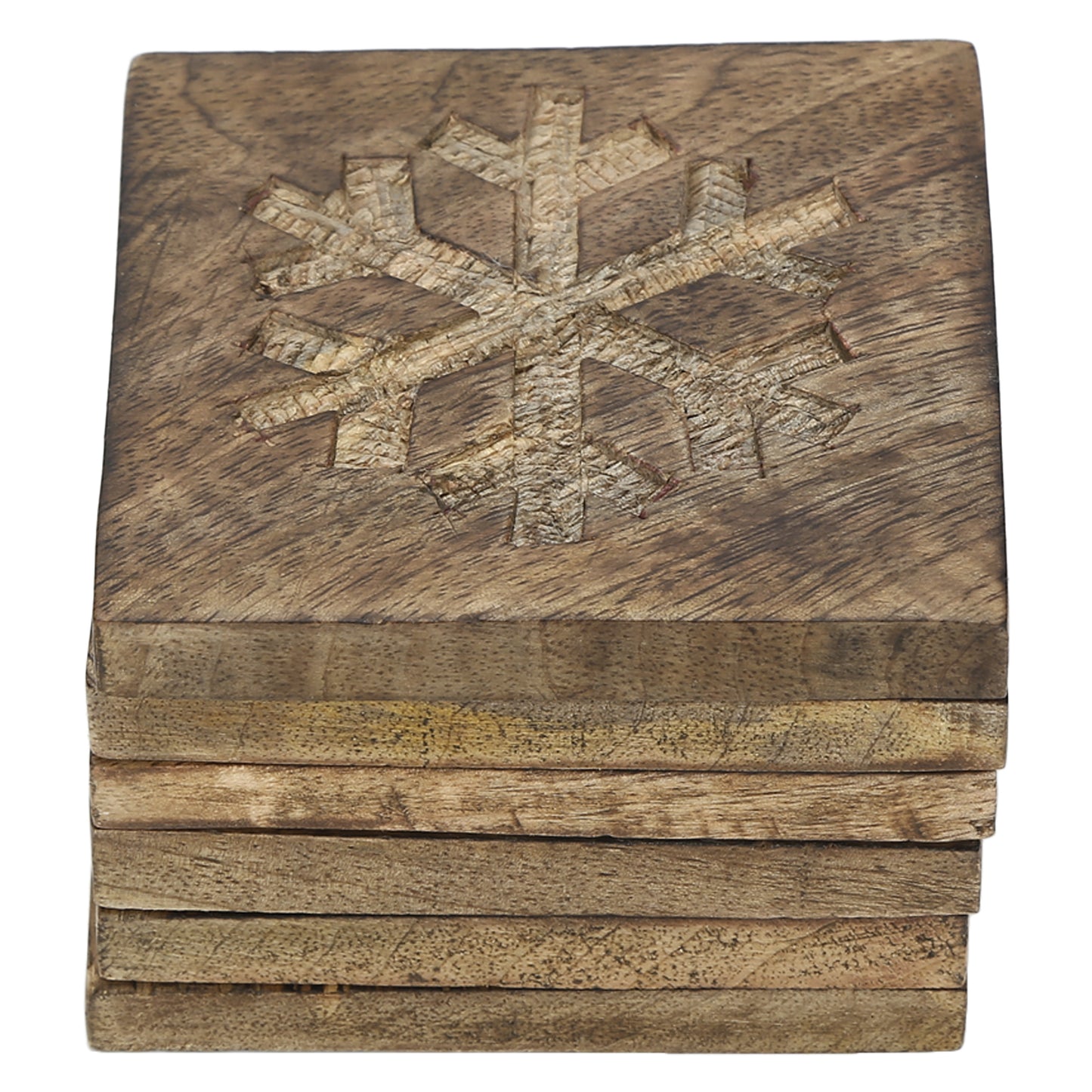 Wooden Square Coaster Snowflake set of 6 with stand rustic