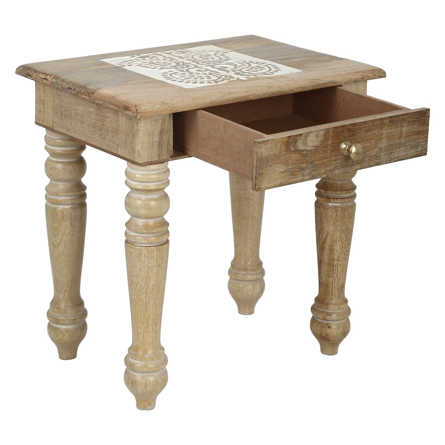 Wooden Side end Table Square White Paisely Carved