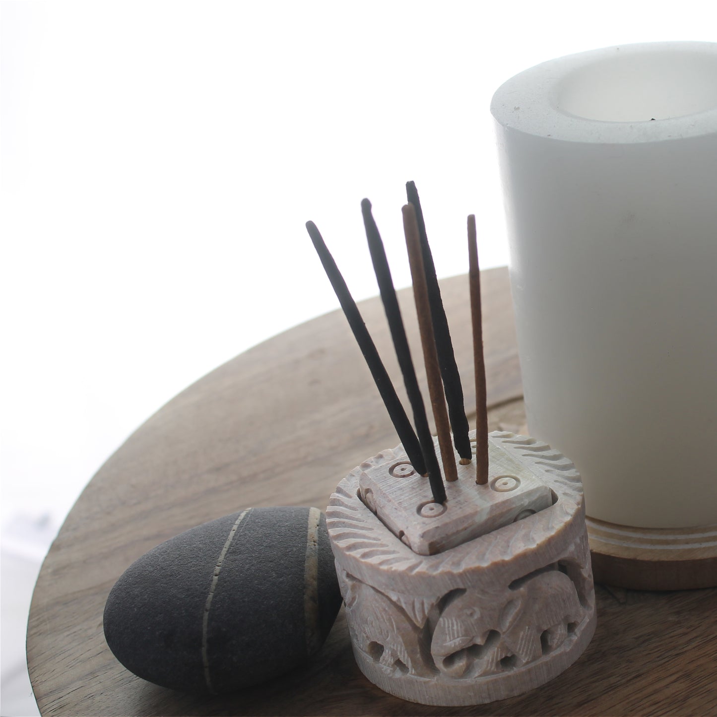 SAVON Stone Incense Holder for Stick Cones Frankincense Palo Santo Round Elephant( brown)