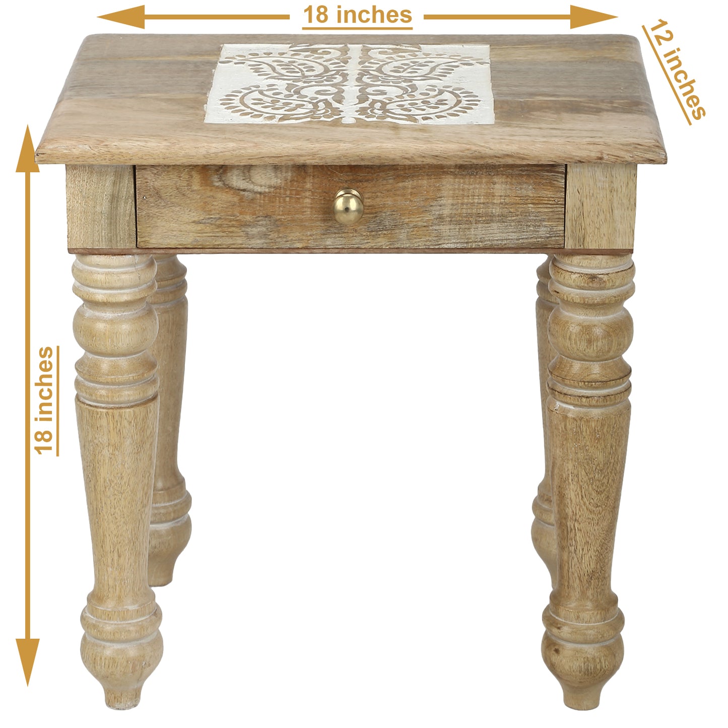 Wooden Side end Table Square White Paisely Carved