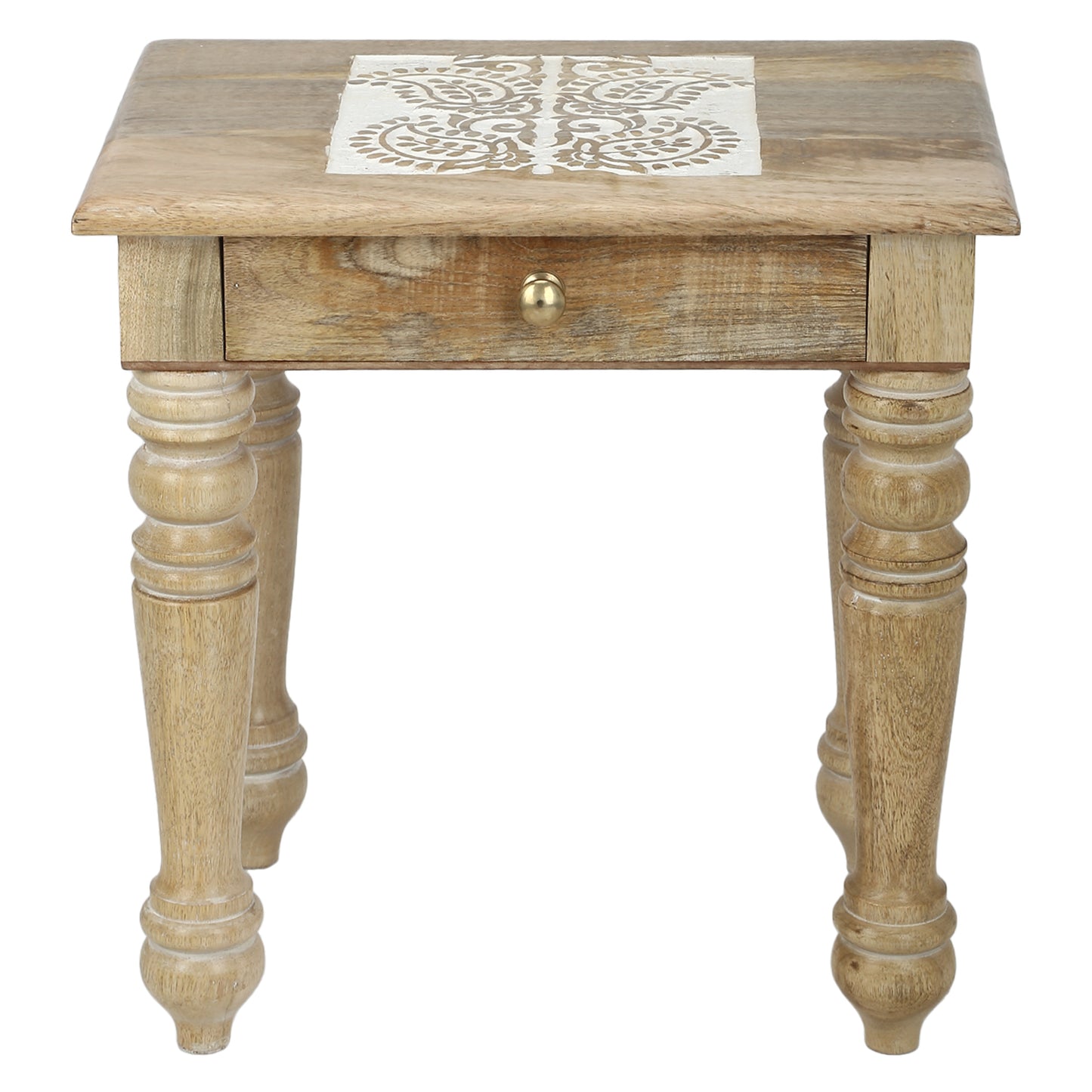 Wooden Side end Table Square White Paisely Carved