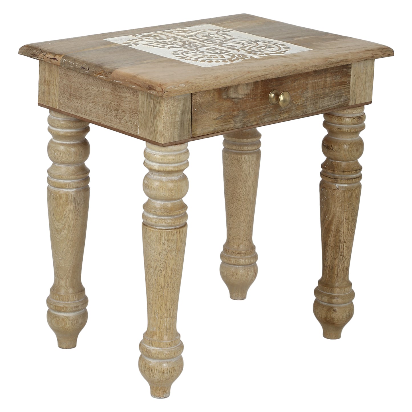 Wooden Side end Table Square White Paisely Carved