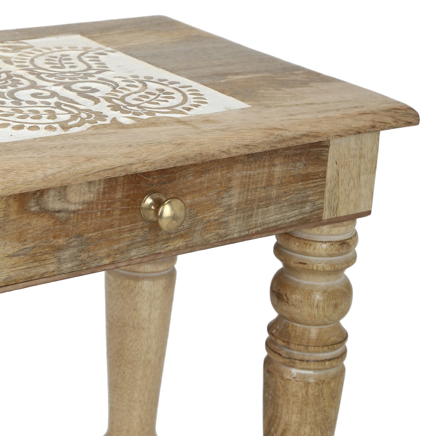 Wooden Side end Table Square White Paisely Carved