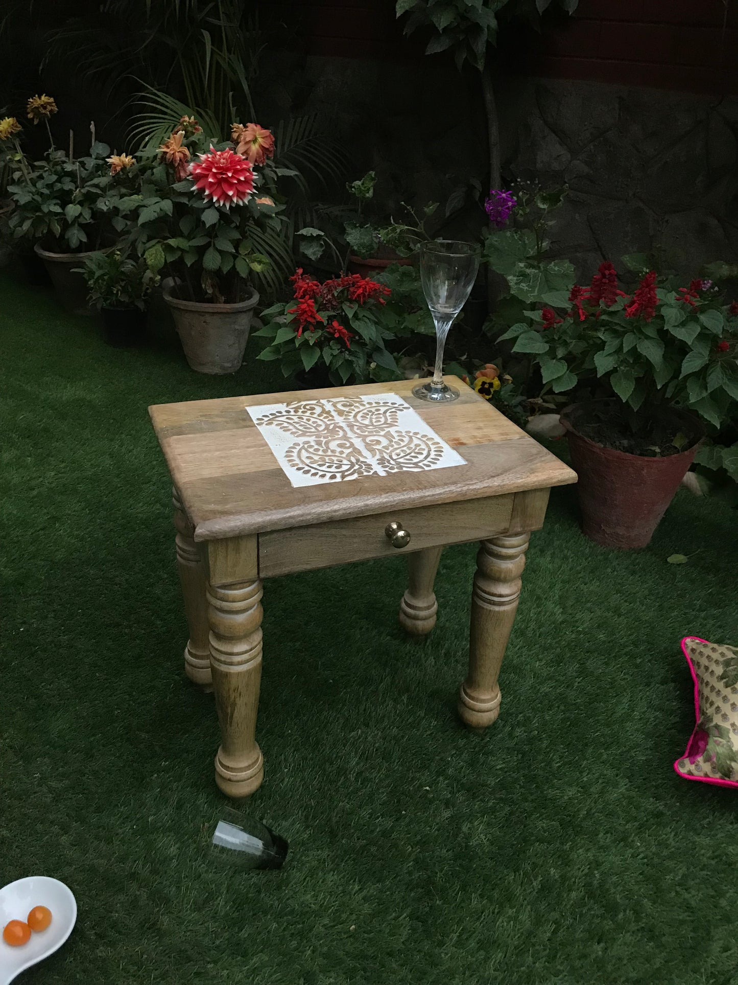 Wooden Side end Table Square White Paisely Carved