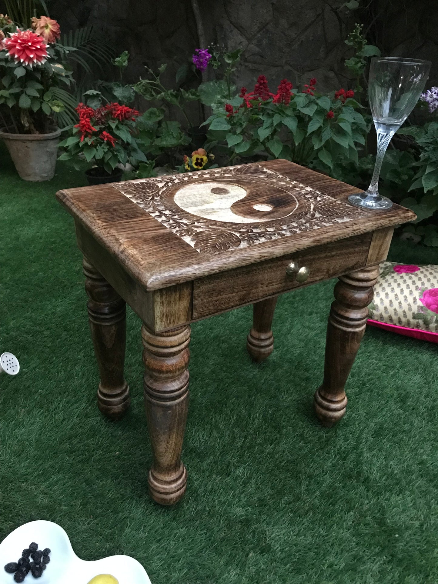 Wooden Side end Table Square Yin Yang Carved