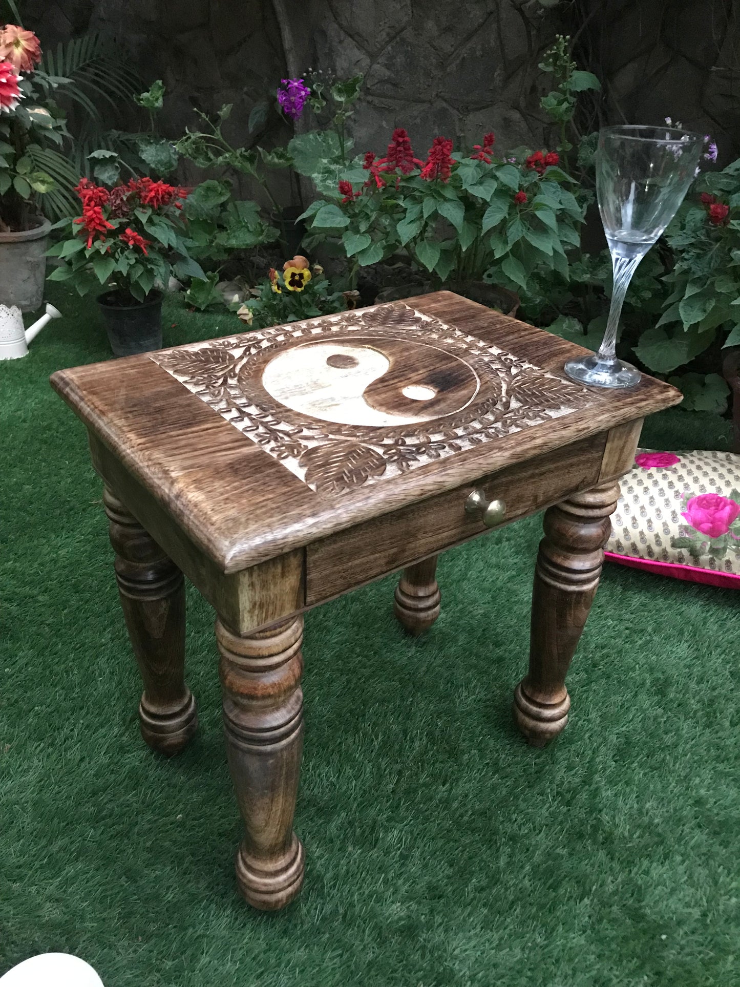 Wooden Side end Table Square Yin Yang Carved