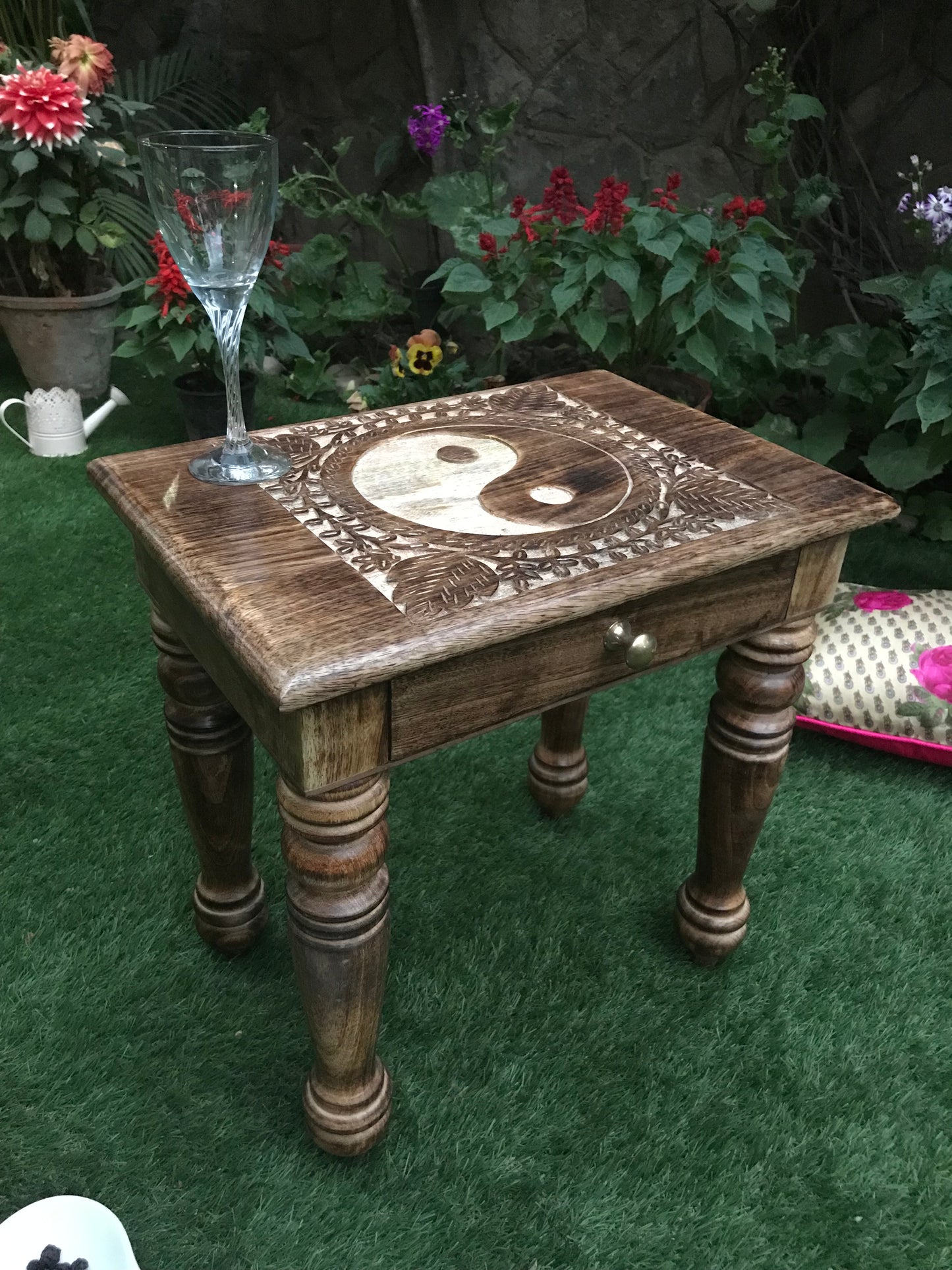 Wooden Side end Table Square Yin Yang Carved