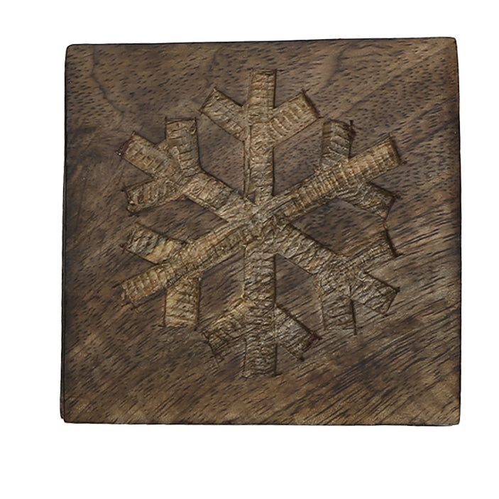 Wooden Square Coaster Snowflake set of 6 with stand rustic